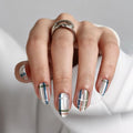 32Pcs Soft Gel Press on Nails for Women, Silver Plaid, Short Almond | Magnetic Glass Cat Eye False Fake Nails Press Ons for Office Daily Wear, Salon Quality Reusable Glue & Stick on Nail Gift Kit - color: 1C-Silver Plaid