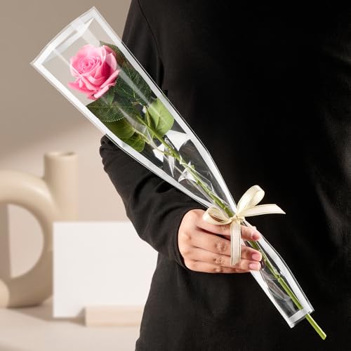 Mauproy 100Pcs Single Rose Sleeves with White Edges, Single Flower Bags with Ribbons Plastic Flower Wrap for Graduation, Flower Bars, Florist Supplies - color: White Edges