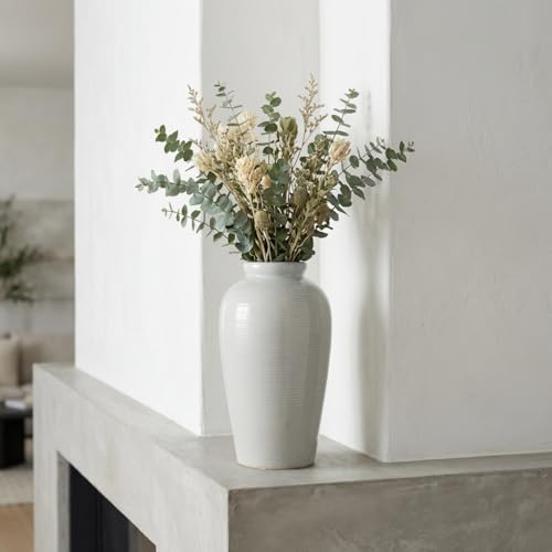 Large Modern Farmhouse Vase for Centerpieces, 11 Inch Tall Ceramic Vase - Glazed Textured Pottery Vases Home Decor, Side Table, Kitchen, Living Room Decor, Entryway, Mantel Decorations - color: Light Gray