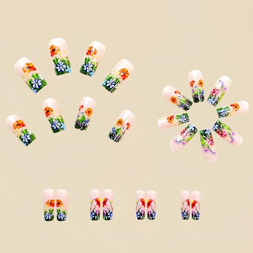 Flower MIXFOSAHN Press on Nails Medium Square Fake Nails Color False Nails with Flowers Cluster Designs Glossy Full Cover Stick on Nails Glue on Nails Spring Acrylic Nails for Women Girls 24 Pcs - color: Flower Square14