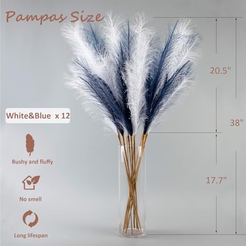 12 Pcs Navy Blue and White Pampas Grass Decor 38"/3.1FT Tall Fake Pompas Floral Large Artificial Pompous Grass Branches Plants for Floor Vase Filler Home Boho Decoration - color: Blue&white