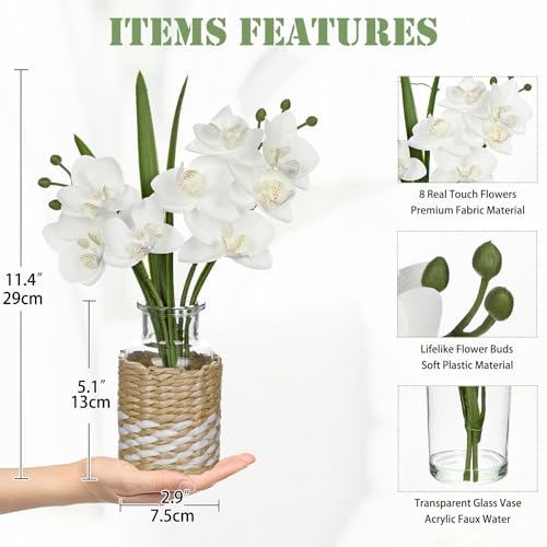 Oairse White Orchids Artificial Flowers with Vase, Small Faux Orchid Arrangement Fake Flower in Woven Glass Vase Small White Centerpieces for Kitchen Dining Room Tables Bathroom Nightstand Decor - color: White # Clear