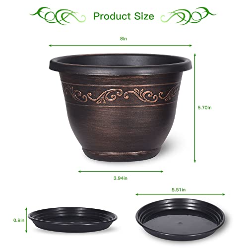 Plastic-Plant-Flower-Planters-8 Inch With Drainage Hole & Saucer, 6 Packs Lightweight Small Resin Flower Pot Indoor Outdoor, Retro Antique Imitation Decorative Garden Containers Sets For Houseplants - color: 6 Pack-8 Inch