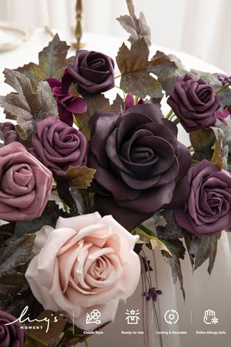 Ling's moment 9FT Flower Garland for Backdrop Decorations - Wedding Arch Flowers, Eucalyptus & Rose, Artificial Floral Garland for Mantle - Sweetheart Table Decor for Beach Reception, Purple - color: Prpl-deep Plum