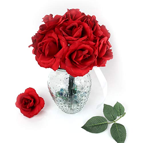 Larksilk Dark Red Artificial Roses 50pcs, Real Touch Fabric Fake Flowers with Stems for Wedding Flowers and Table Centerpieces - color: Dark Red