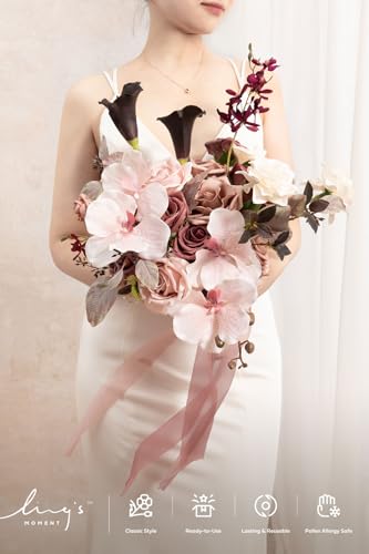 Ling's moment Dusty Rose Wedding Bouquets for Bride, Pink Bridal Bouquets for Bride, 13 Inch Free Form Artificial Wedding Flower Bouquet - color: Pk- Dusty Rose & Mauve, size: Small 13 Inch