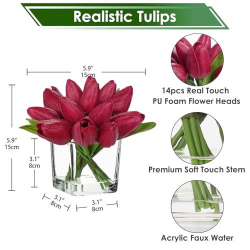 DILATATA Artificial Hot Pink Tulips in Vase with Faux Water 5.5" Real Touch Flowers Fake Tulips Small Flowers Arrangement in Cube Glass Vase for Mother's Day Table Centerpiece Wedding Home Decor - color: Square Vase/Hot Pink/1 Set