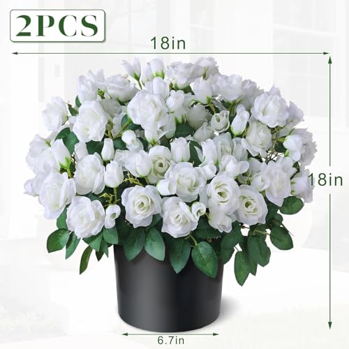 Juxdp 2 Set of Artificial Rose Topiary Trees - Faux Silk Flower Potted Plant, UV Resistant Fake Outdoor Rose Bush for Front Door, Farmhouse, Porch, Garden Decor (White) - color: White