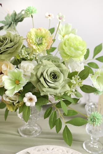 Artificial Flowers Roses Fake Flowers with Stems Green Artificial Flowers for DIY Bridal Bouquets Faux Flowers Centerpieces for Table Home Decor - color: Green