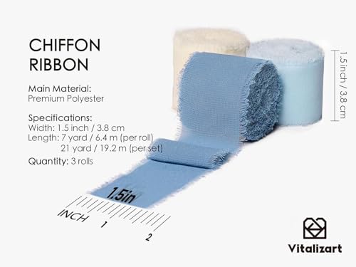 Vitalizart Blue Handmade Chiffon Silk Ribbon Fringe 1.5" x 21 Yd Dusty & Baby Blue Frayed Edges Ribbons for Wedding Invitations Bridal Bouquets Gifts Wrapping Crafts Holiday Party Decorations - color: White & Blue