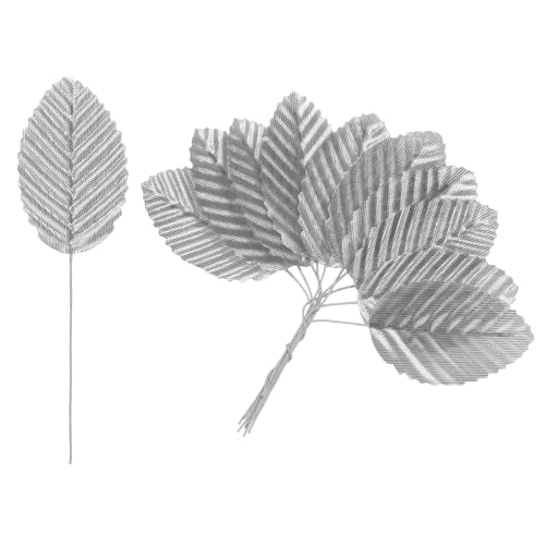 M METERXITY 100-Pack Artificial Silk Leaf, Faux Wire Single Leaves, Fake Flower Leaf with Stem for DIY Bouquet/Wreaths/Wedding/Garland/Party Decorations, Fake Rose Craft Leaves [Silver] - color: Silver