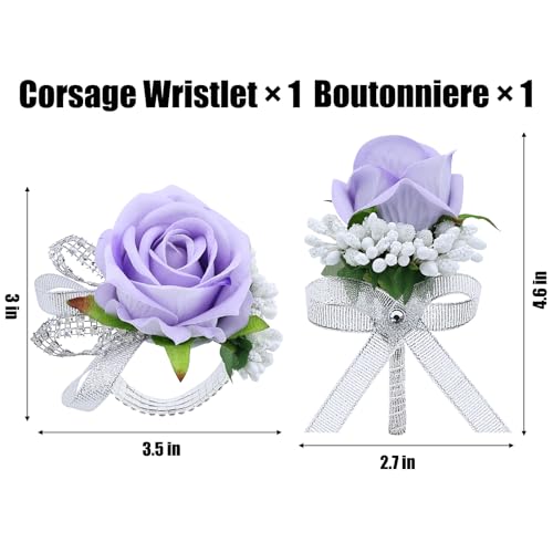 2Pcs Purple Rose Corsage and Men Boutonniere Set Women Wristlet Band Wrist Bracelets, for Prom Wedding Ceremony Flowers Decorations and Homecoming Party Accessories - color: Purple, size: 1 Boutonniere & 1 Wrist Corsage