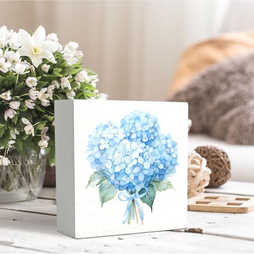 Blue Hydrangea Bow Wooden Signs,Blue Bow Spring Flowers Bouquet Wooden Box Sign,Watercolor Hydrangea Floral Decor For Home Desk Tabletop Shelf Decoration 5x5 Inches - color: Hydrangea Bow
