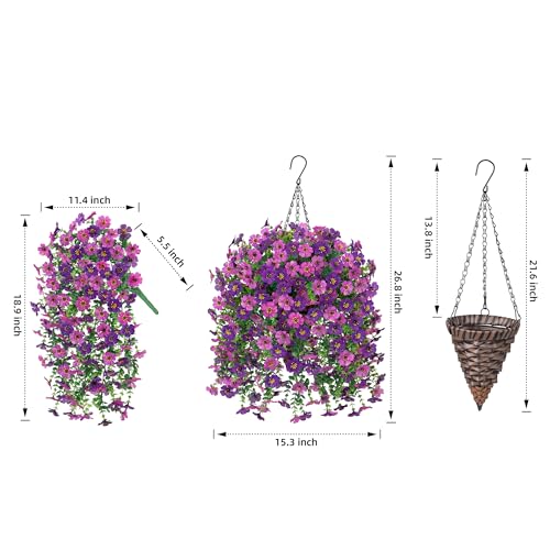 HyeFlora Artificial Hanging Flowers Basket for Outdoor, Fake Flowers Faux Plants Look Real for Yard Gardens Porch Patio Home (Darkpurple+Purple) - color: Darkpurple+purple