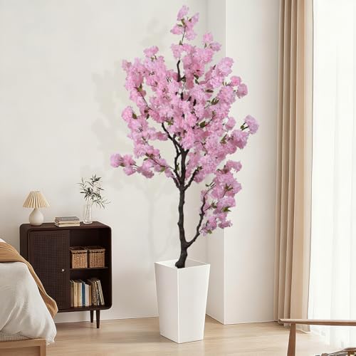 Artificial Pink Cherry Blossom Tree 7ft(84in) Tall Fake Silk Leaves Indoor Decor Handmade Lifelike Sakura Tree for Wedding Realistic Cherry Plant in Pot for Home Living Room,Office,Outdoor Decor - color: Cherry Blossom(pink 8), size: 7ft