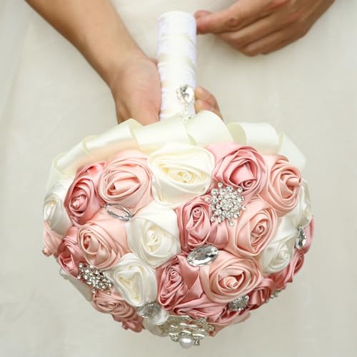 Blush Pink and Ivory Bridal Wedding Bouquet with Silver Brooch Bling Rhinestone Satin Dusty Rose Flower Bouquet for Bride Bridesmaid Quinceanera Bouquet Wedding Blush Pink and Ivory 8.7in - color: Blush, Pink & Ivory(silver Brooch), size: Diameter: 8.7 in