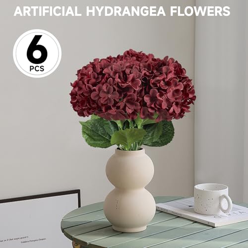 6 PCS Artificial Hydrangea Flowers, Faux Silk Hydrangea with Long Stems, Home Wedding Decor, Table Centerpieces, Party Decorations (Dark Red) - color: Dark Red