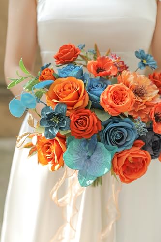 Fall Orange Artificial Flowers Roses Fake Flowers with Stems Blue Orange Artificial Flowers for DIY Bridal Bouquets Faux Flowers Centerpieces for Table Home Decor - color: Fall Orange