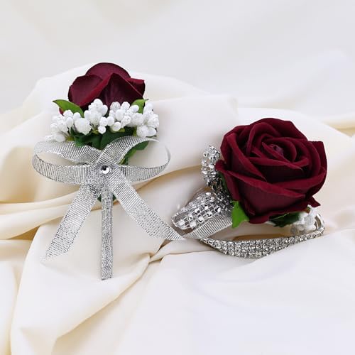 2Pcs Burgundy Rose Corsage and Men Boutonniere Set Women Wristlet Band Wrist Bracelets, for Prom Wedding Ceremony Flowers Decorations and Homecoming Party Accessories - color: Burgundy, size: 1 Boutonniere & 1 Wrist Corsage