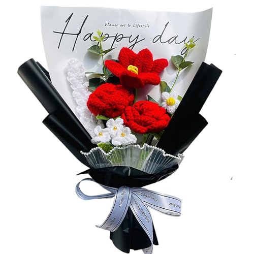 Completed RedGi Crochet Flowers Bouquet, Handmade Knitted Bouquet, Crochet Artificial Flowers for Mother's Day Birthday, Wedding Home Decor, Gifts for Mom (Red Rose & Tulip) - style: Red Rose & Tulip