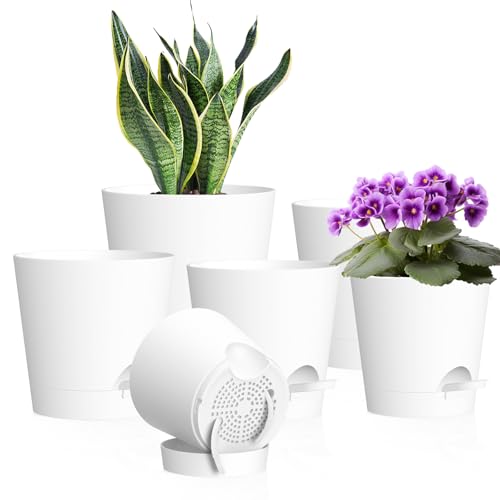 WSMKSZ 7/6.5/6/5.5/5/4 inch Self Watering Pots for Indoor Outdoor Plants, 6 Pack Plastic Flower Planters with Drainage Holes and Removable Saucers, Plant Pots with Wicking Rope, Modern Decor, White - color: White, size: 7+6.5+6+5.5+5+4inch 6pcs