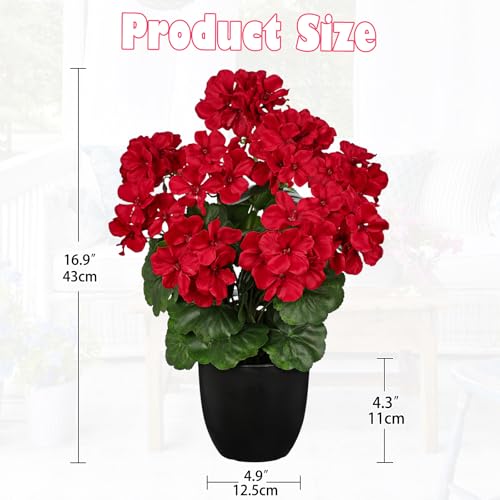 Briful 17” Geraniums Artificial Flowers Realistic Potted Plant – Red Fake Geraniums for Outdoors, Artificial Outdoor Plants for Indoor Home Decor, Farmhouse Table Centerpiece Decoration - color: 16.9'' Tall Red