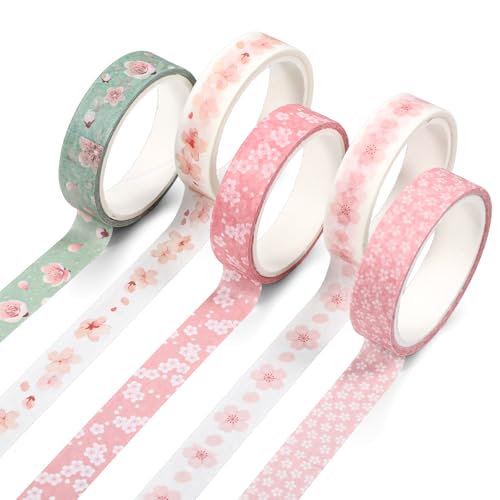 5 Rolls Sakura Washi Tape Set Floral Decorative Tapes Cute Flowers Patterns Tape Japanese Arts Adhesive Tapes Modern Arts Masking Tapess for Art DIY Crafts Journals Scrapbooking Wrapping