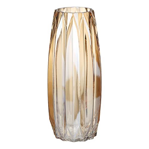 Lucky Bird Amber Glass Vase - Modern Tall/Short Ribbed Vase for Flowers & Candles - Amber H11.8" Centerpiece HomeDecor - color: Amber, size: H-11.8inch