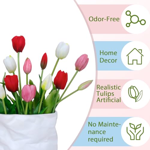 15 Pcs White-Red-Light Purple Artificial Tulips Fake Flowers, Premium Latex Lifelike Texture, UV Resistant Waterproof Faux Tulip Bouquets with Snap-on Petals for Outdoor, Home, Wedding Decor - color: White-red-light Purple