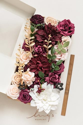 Ling's moment Fake Flowers Box, Faux Artificial Greenery Stems Foam Roses Gardenias Berries Silk Dahlia Fabic Flower for Centerpieces Bouquet Wedding Floral Vase, Marsala & Soft Peach, Deluxe Combo - color: Red-marsala & Soft Peach, size: Deluxe