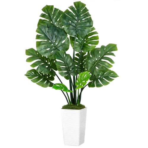 UPBUD Artificial Monstera Deliciosa Plant, 5FT Fake Tree with Real Touch Green Leaves & White Square Pot, 60in Tall Faux Trees Floor Plants for Indoor Outdoor Office Living Room Decor - color: Green Leaves White Planter