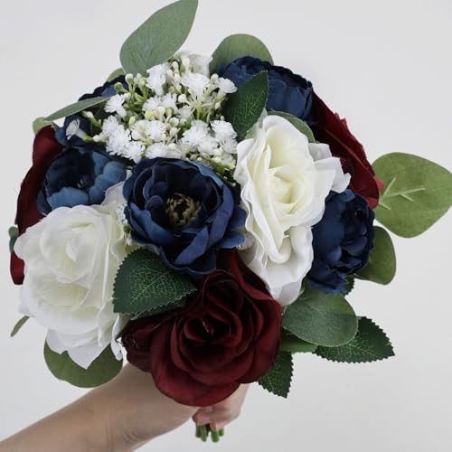 Set of 2 Bridesmaid Bouquets, 11 Inch Wedding Artificial Flower Bouquets for Wedding Ceremony Bridal Shower Decorations - Burgundy & Navy Blue - color: Burgundy & Navy Blue, size: Set of 2 Bouquets