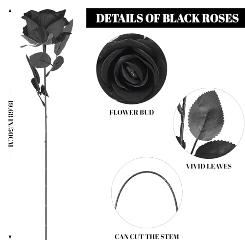 10 PCS Artificial Roses with Long Stems Silk Flowers Realistic Foam Flowers Fake Roses for Valentine's Day Home Wedding Halloween Decor(All Black) - color: All Black