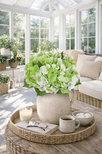 Hollyone Light Green Hydrangea Artificial Flowers 6pcs Large Real Touch Faux Hydrangeas Silk Flowers Bouquets Fake Flower with Stems for Home Decor Indoor Wedding Kitchen Centerpiece Table Decorations - color: Green