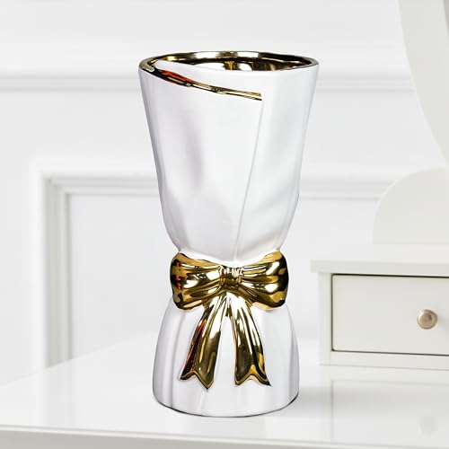 11 Inch White Ceramic Vase with Bow - Modern Boho Vase for Pampas Grass, Tall Decorative Vases Home Decor, Entryway Table, Living Room, Wedding Centerpiece - color: White, size: 11 inch