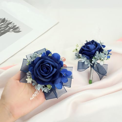 Corsage Wristlet and Boutonniere Set Blue Wrist Corsage Double Pearl Bracelets Blue Pocket Boutonniere for Men Wedding Prom Party Suit Decor (2 Pack) - color: Blue Corsage - Double-cain