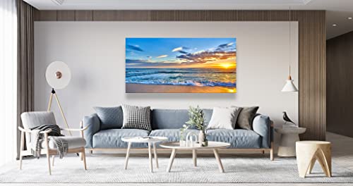 Aibonnly Wall Art Canvas Painting Seaside Sunset over the beaches 1 Piece blue sea view Ocean Picture Poster Print Framed and Stretched Ready to Hang for Living Room Bedroom Kitchen Office - color: Blue, size: 40"L x 20"W