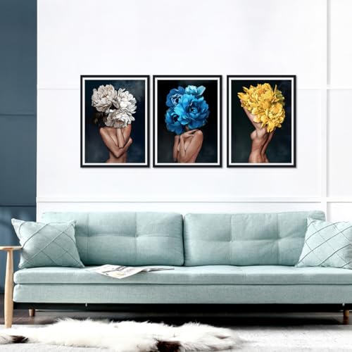Sexy Woman with Flowers Wall Art Nude Women Posters Wall Decor Flower Blooming on Girls Head Canvas Prints Artwork Decor for Home Bedroom Bathroom Hotel Framed Ready to Hang 16x24inchx3pcs - color: Art01, size: 16x24x3Pcs Black Framed