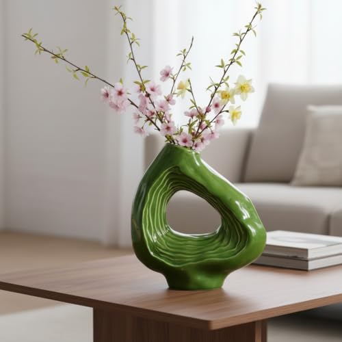 Sunddo Donut Ceramic Flower Vase, Green Modern Vase for Flowers, Boho Style Decorative Vases for Living Room, Bookshelf, Mantle Entryway, Table or Console Décor, 9 Inch - color: Green, size: 9 inch