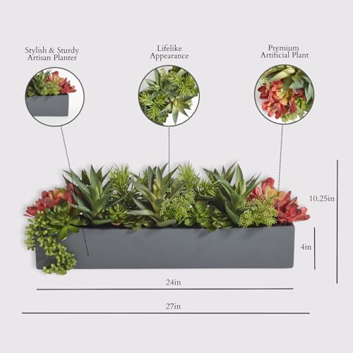 CG Hunter Oblong Faux Succulent Arrangement, Premium Artificial Indoor Plant Enhances Interior Design, Display on any Surface in Your Home Adding an Inviting Touch of Nature, Grey Planter Pot Included - size: 27" Oblong Grey Planter