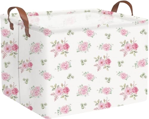 Rectangular Rose Pink Flower Basket for Girls,Waterproof collapsible laundry basket for girls,Kids Storage Baskets,Books Box,Gift Baskets,Baby Room Decor(Pink Flowers) - color: Pink Flowers