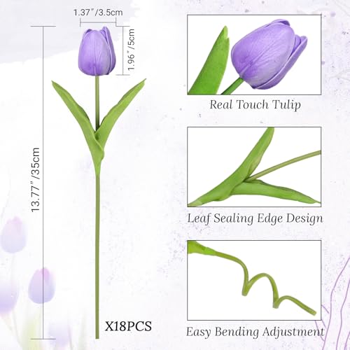 Beferr 18pcs Tulips Artificial Flowers Faux Tulip Real Touch Tulip Fake Flowers Bouquets Arrangements for Mothers Day Spring Easter Wedding Home Table Decor - color: M-18pcs-1colors-lavender, size: 18PCS