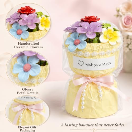 Porcelain Flower Bouquet - Handmade Ceramic Flowers Floral Arrangement, 6 Unique Blossoms, 6 inches Height, Shelf Living Room Decor, Ideal Gift for Mother’s Day, Birthdayr (Yellow-Rose) - color: Yellow-rose