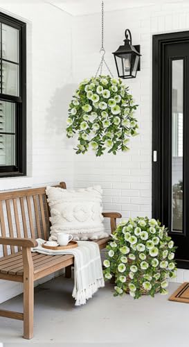 Oairse Artificial Morning Glory Flowers with Hanging Basket - Faux Morning Glory Vines UV Resistant Plastic Fake Flowers with Basket Plants for Home Porch Patio Balcony Garden Yard Spring Decor Green - color: Green, size: 23.6"