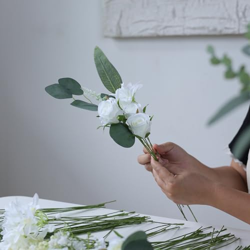 VIERENA Artificial Greenery Stems Box Set(Pack of 75pcs) with 8 Kinds of Faux Plants and Fake Flowers for DIY Wedding Bouquet Table Centerpieces and Floral Arrangement (White&Green) - color: White&green