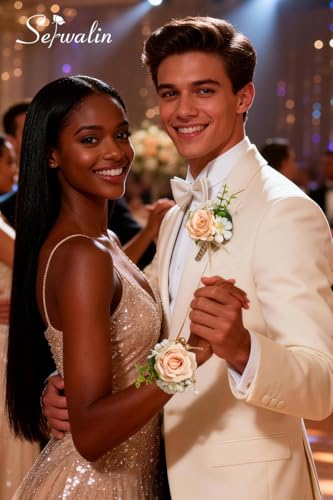 Serwalin Champagne Corsage and Boutonniere Set, Prom Flower Wrist Corsage Bracelets, Homecoming Roses Corsage Wristlet and Men Boutonniere for Wedding Flowers Accessories Prom Suit Decorations - color: Champagne, size: 1 Boutonniere & 1 Wrist Corsage - 2p