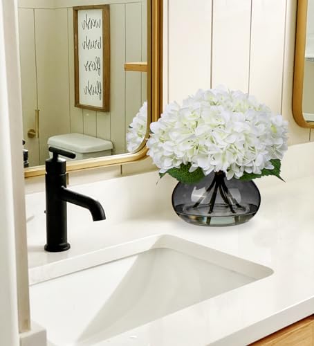 Hollyone Hydrangea Artificial Flowers with Glass Vase White Silk Faux Flowers Arrangements with Faux Water Fake Floral Bulk Bouquet for Home Decor Table Centerpiece Decorations - color: Hydrangea, White and Black