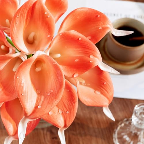 Artificial Calla Lily 12Pcs Coral Real Touch Faux Flowers for Wedding Bouquet, Bride Bridal Shower, Spring Home Kitchen Table Decor, Fake Lilies for Centerpieces, Party Decorations - color: Coral