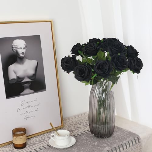 Black Fake Roses Artificial Flowers - 16 Pcs Fake Artificial Roses Silk Flowers with Stems for Home Wedding Hotel Office Centerpiece Decor - color: Black, size: 16 Pcs