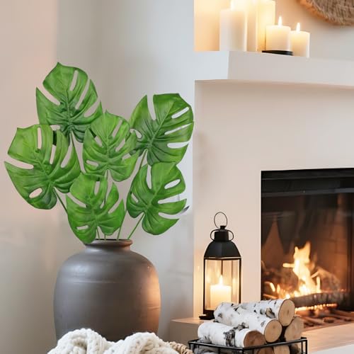 Hollyone 6 Pack Artificial Monstera Leaves with Stems Real Touch Faux Monstera Turtle Safari Leaf Fake Palm Tropical Plants for Vase Hawaiian Luau Party Jungle Beach Table Home Wedding Kitchen Decor - color: Monstera #1, size: Leaves Stem